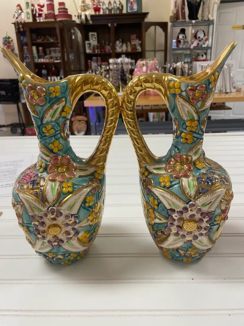 Pair of Vintage Belgium Art Pottery Gold Multi-Color Floral Pitcher / Ewer