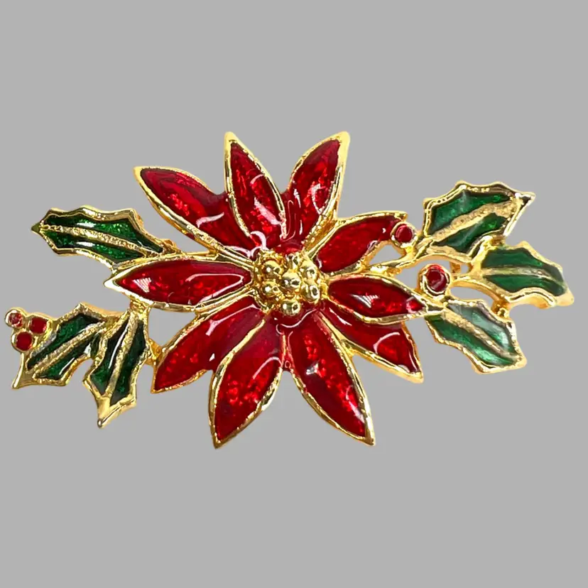 Poinsettia & Leaf Gold-tone Enamel Brooch Pin. Christmas Holiday Jewelry.