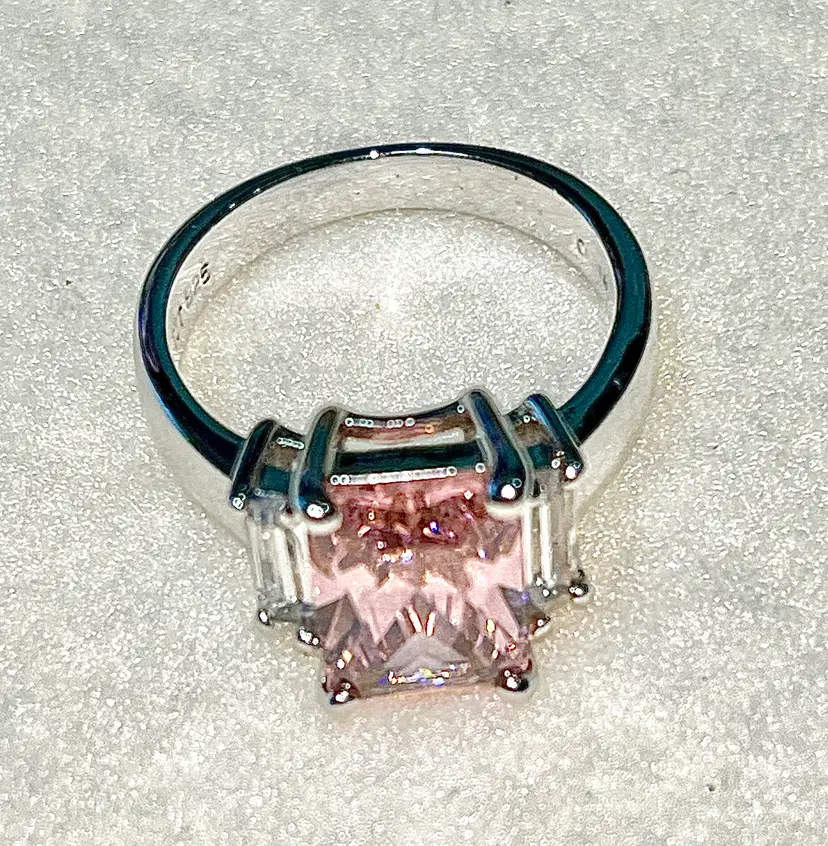 TJ Thornton British Jeweler Emerald Cut Pink Quartz Solitaire Ring CZ baguettes Stg .925 Sz.8