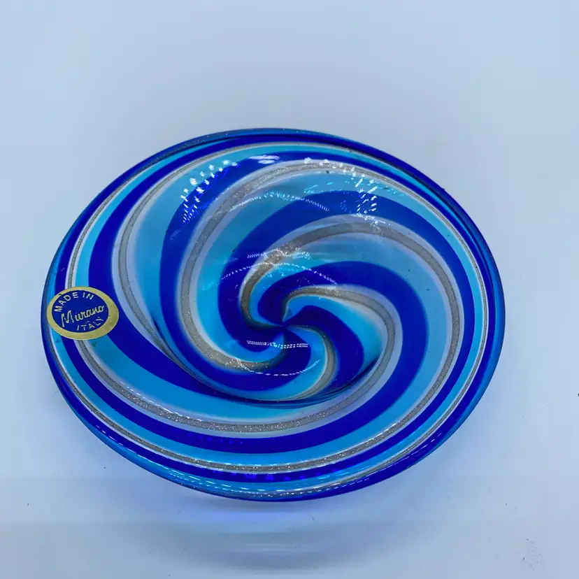 #0214 Vintage Murano glass decorative bowl with a blue and silver swirl pattern.