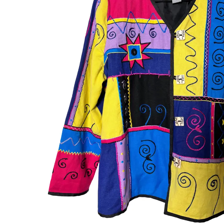 Vtg Indigo Moon Blazer S Colorblock Patchwork Embroidered Wearable Art Funky