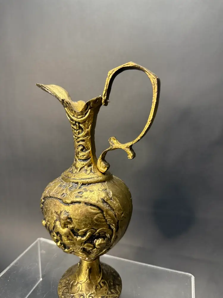 Vintage Heavy Ornate Solid Brass Pitcher Ewer Wine Water Pot 8.5” Relief