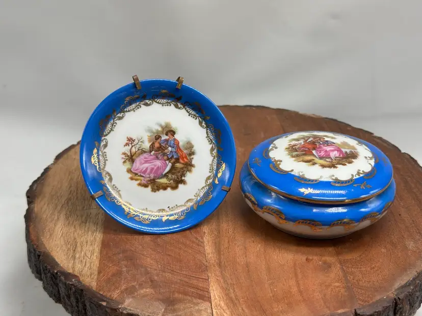 Vintage Goudeville Limoges Blue Gold Trim France Trinket & Mini Plate Courting