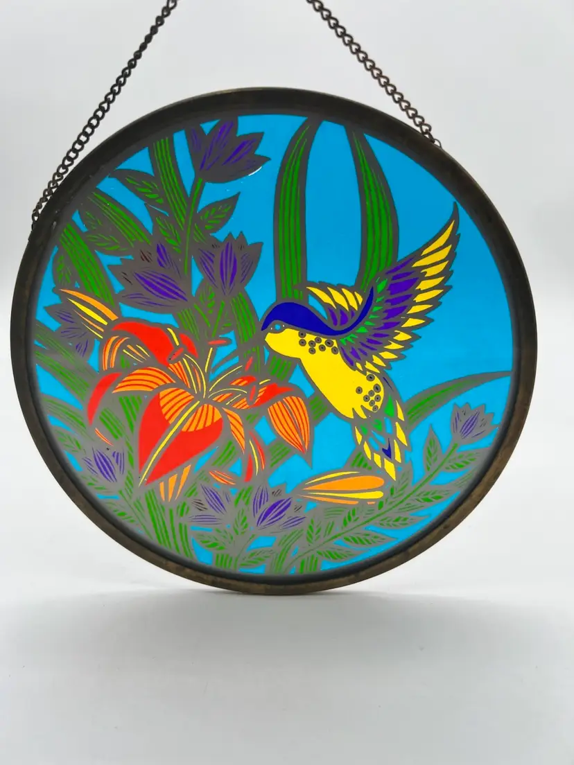 Vintage Hummingbird Stained Glass Sun-catcher Hanging Circle