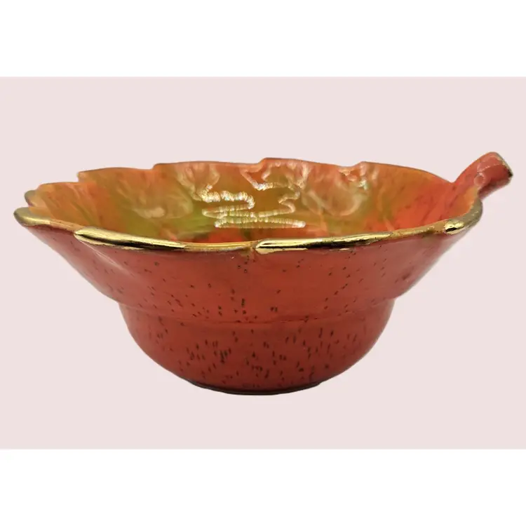 #01 - Vintage California Pottery Serving or Dip Bowl, 7" diameter, 3" tall, Orange, Green and Gold Trim