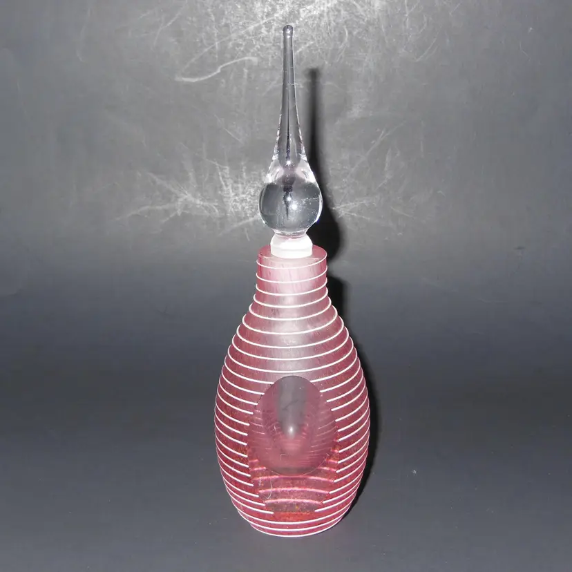 Vintage Studio Art Glass Pink Spatter Glass w/White Applied Threading, Perfume Bottle & Dauber