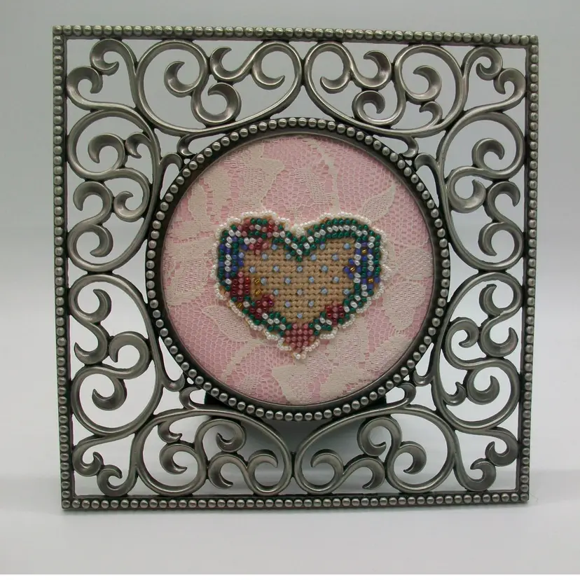Bead Cross Stitch Heart on Vintage Lace Silver Scroll Openwork Metal Frame Table Top, Wall Art Decor Shabby Chic Victorian Style 6"x6"