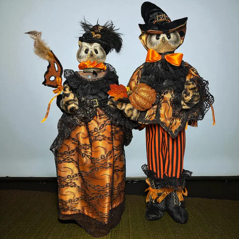 Pier 1 Halloween Owl Figurines Mr And Mrs Augustus Owlington Masquerade Costumes  Each stand about18" tall. Mrs. Owl can be a tree topper