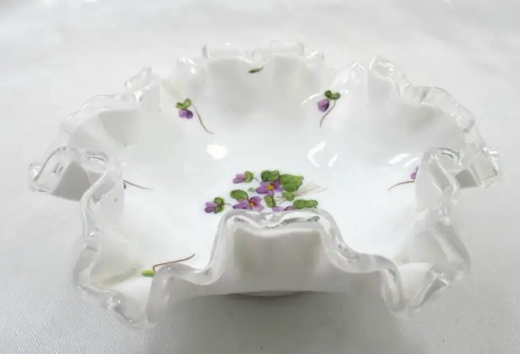 Fenton Violets in the Snow Silver Crest Candy Dish 6”x 2”