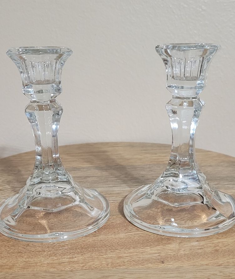 Heavy Clear Glass Candlestick Holders Set Of Two