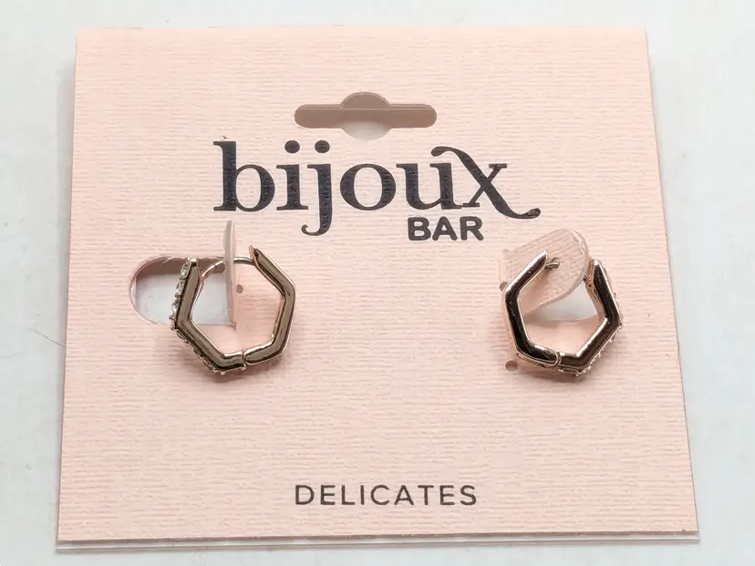 Bijoux Bar Hexagon Gold Tone Rhinestone Pierced Hoop Earrings NWT