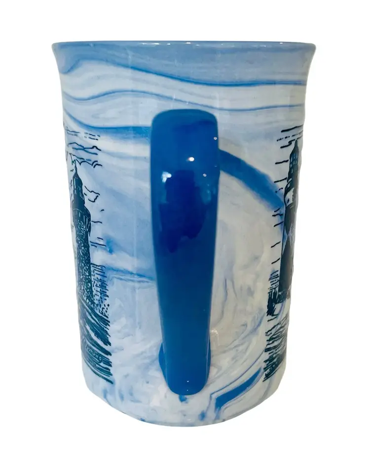 Lighthouse Marble Ceramic Mug Blue White Signed Rick Romano 4.25" Tall Embossed