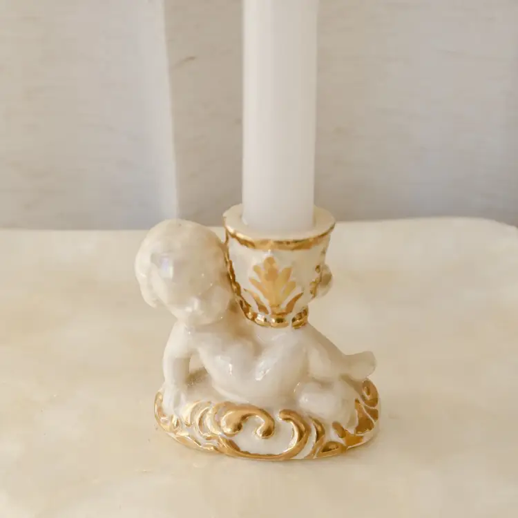 Vintage Ceramic Cherub Baby Angel Candlestick Holder Candle Cute Kitschy