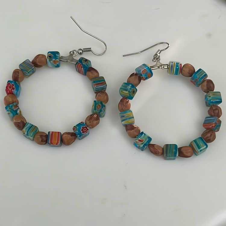 Vintage Artsy Glass Beaded Millifiori Hoop Dangle Hook Earrings