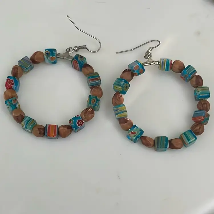Vintage Artsy Glass Beaded Millifiori Hoop Dangle Hook Earrings