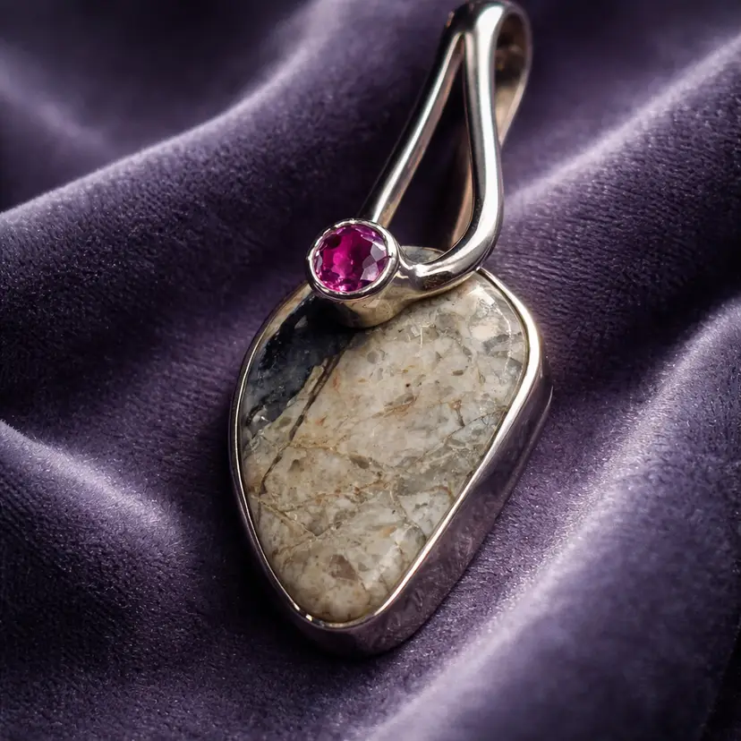 Sterling Silver Handcrafted Pendant w/ Quartz Stone & Pink Tourmaline Stone 1.5"