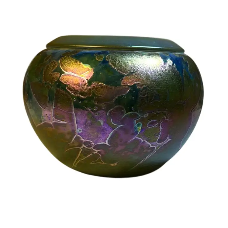 Very Early Vintage Robert Held Blown Iridescent Oil Spot Blue Green Purple Art Glass Bowl 7-1/2” - Signed “Skookum”