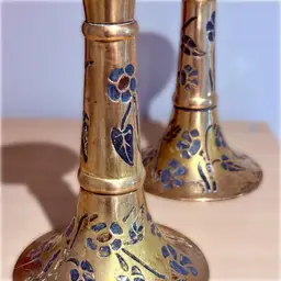 Vintage Rosenthal Netter Inlaid Enamel Flower Ornate Brass Candlesticks