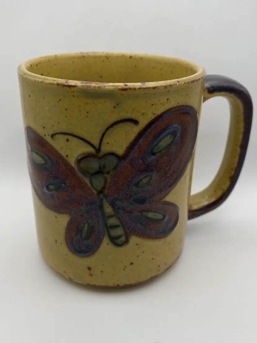 Brown Speckled Pottery Mug w/Butterflies