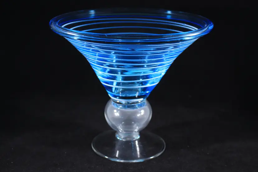 White Swirl on Blue Glass Art Pedestal Candy Footed Bowl