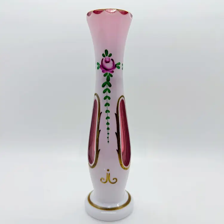 Vintage Bohemian Czech White Cased Cut Cranberry Pink Hand Painted 8" Bud Vase