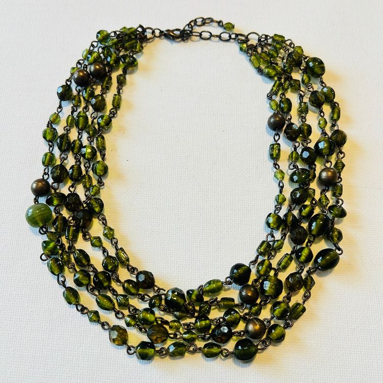 Vintage 5-Strand Green Glass Bead Linked Necklace 14”-16”