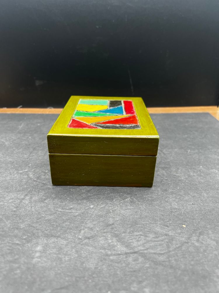#01 #936b Vintage Hand Painted Folk Art Wooden Box, Colorful Geometric Design on Green
