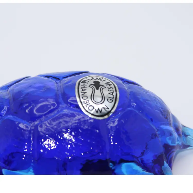 Vintage Blue Pilgrim Glass Turtle Paperweight Figure w/Sticker