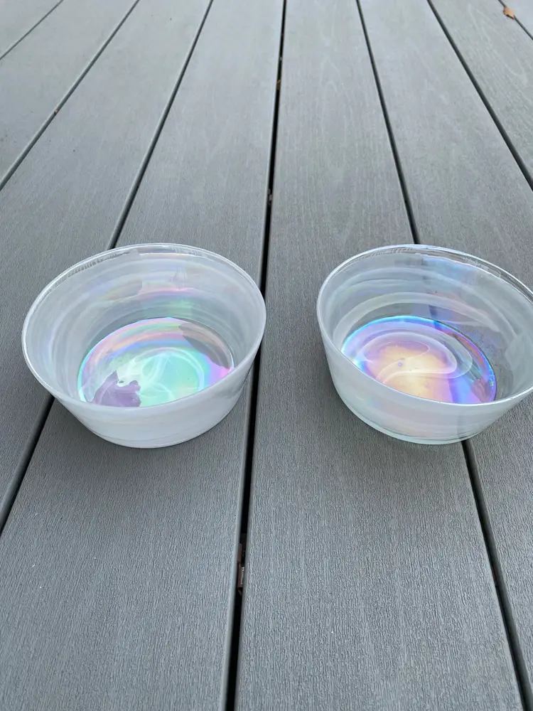 STUNNING!!! ARTISTIC ACCENTS IRIDESCENT OR OPALESCENT BOWLS WITH WHITE SWIRL PATTERN