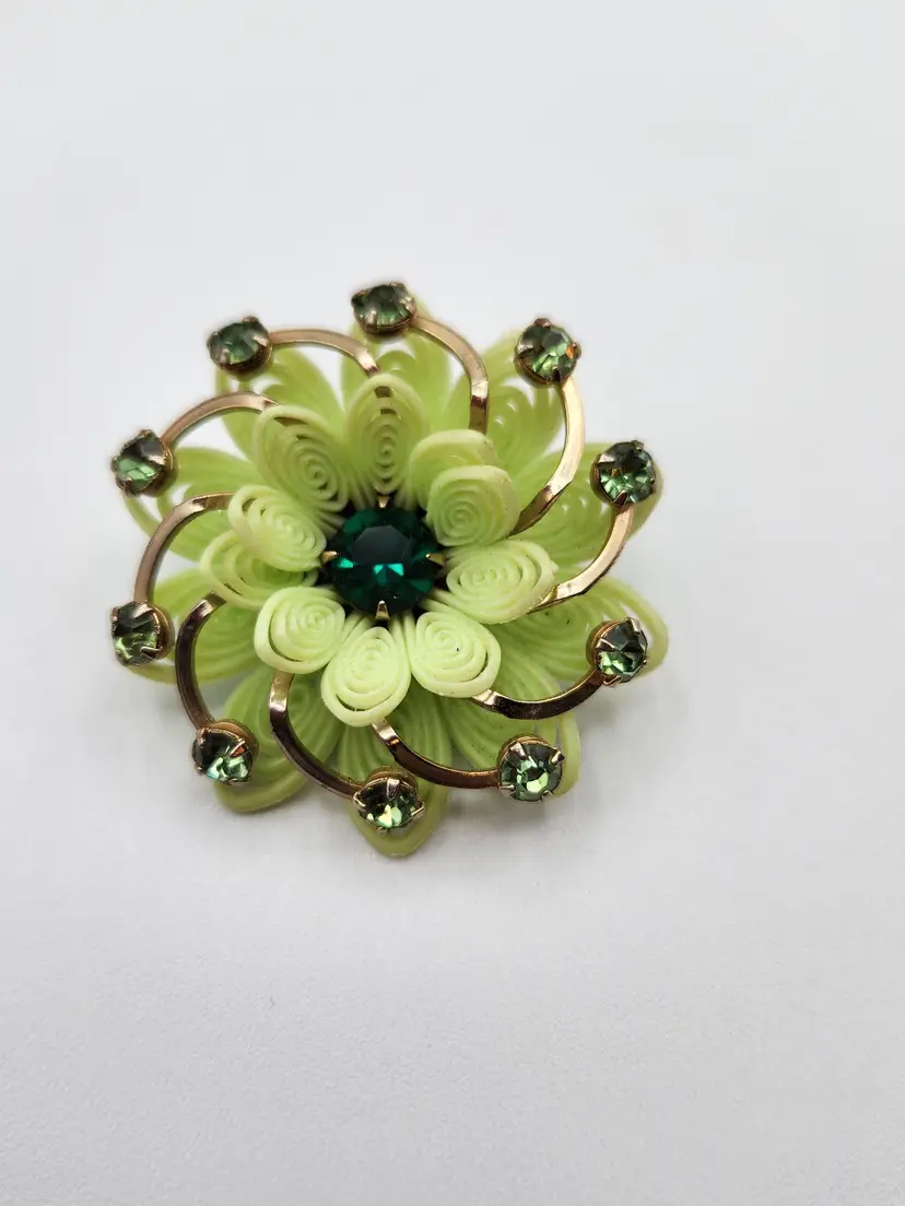 Swirly Plastic, Metal & Rhinestone Flower Brooch Pin