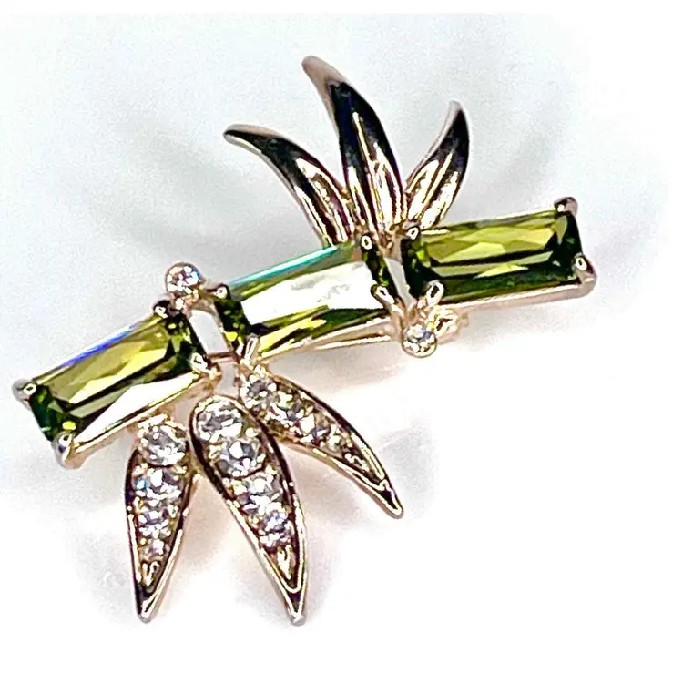 VTG Peridot Gemstone BAMBOO BROOCH Green Plant Pin Pave Crystal Gold Leaf 1.75"