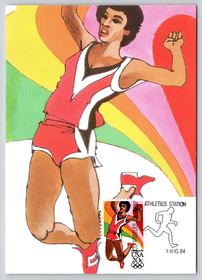 Postcard 1984 Los Angeles Olympic Women's Long Jump First Day Issue Stamp Art - 8973