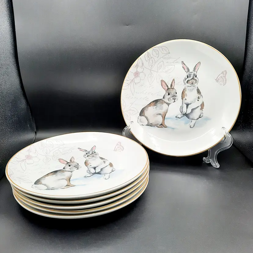 Pier 1 Bunny Rabbit Easter Porcelain Dinner Plates Floral Butterfly Set of 6