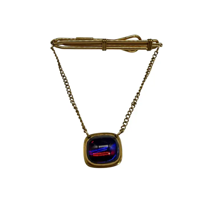 Mid Century Modern Blue Red Cabochon Pendant Chain Slide Tie Bar Clip Gold Tone