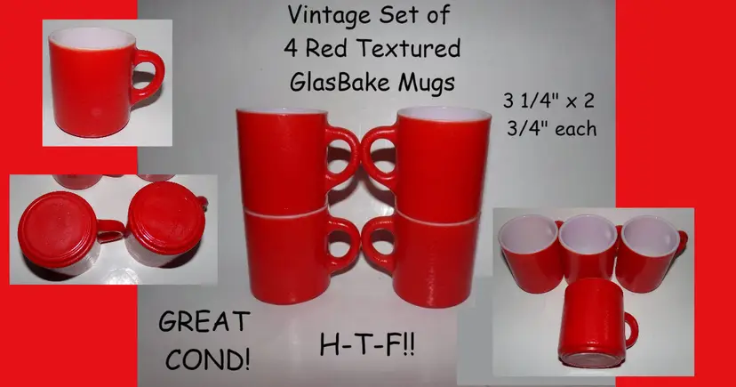 Vintage Set of 4 GlasBake Red Textured Mugs