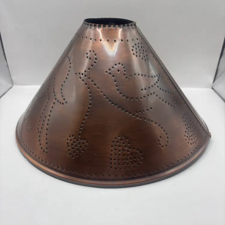 Vtg Oil Lamp SHADE Hurricane Country Primitive Punched Hearts & Birds Copper