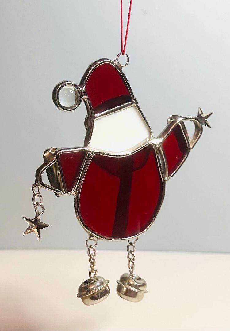 Vintage Stained Glass Hanging Santa Claus With Jingle Bell Feet 5 1/4”