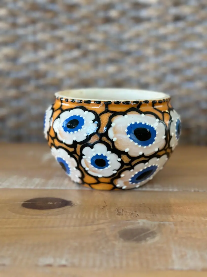 Vintage Czechoslovakia Yellow And Blue Floral Hand Painted Pottery Planter