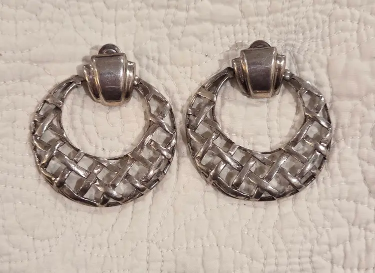 Huge Vintage Mexican Pierced Earring Hoops with Basketweave Design, 950 Sterling Silver