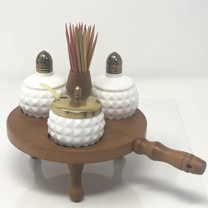 Enesco Japan White Hobnail Milk Glass Condiment Set