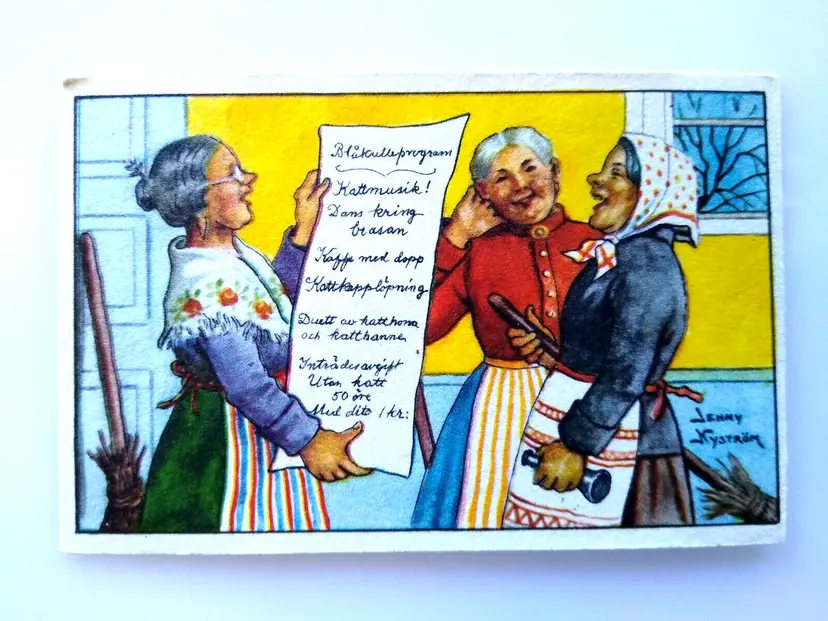 Easter Witches Postcard Fantasy Glad Pask Jenny Nystrom Sweden Brooms Aprons