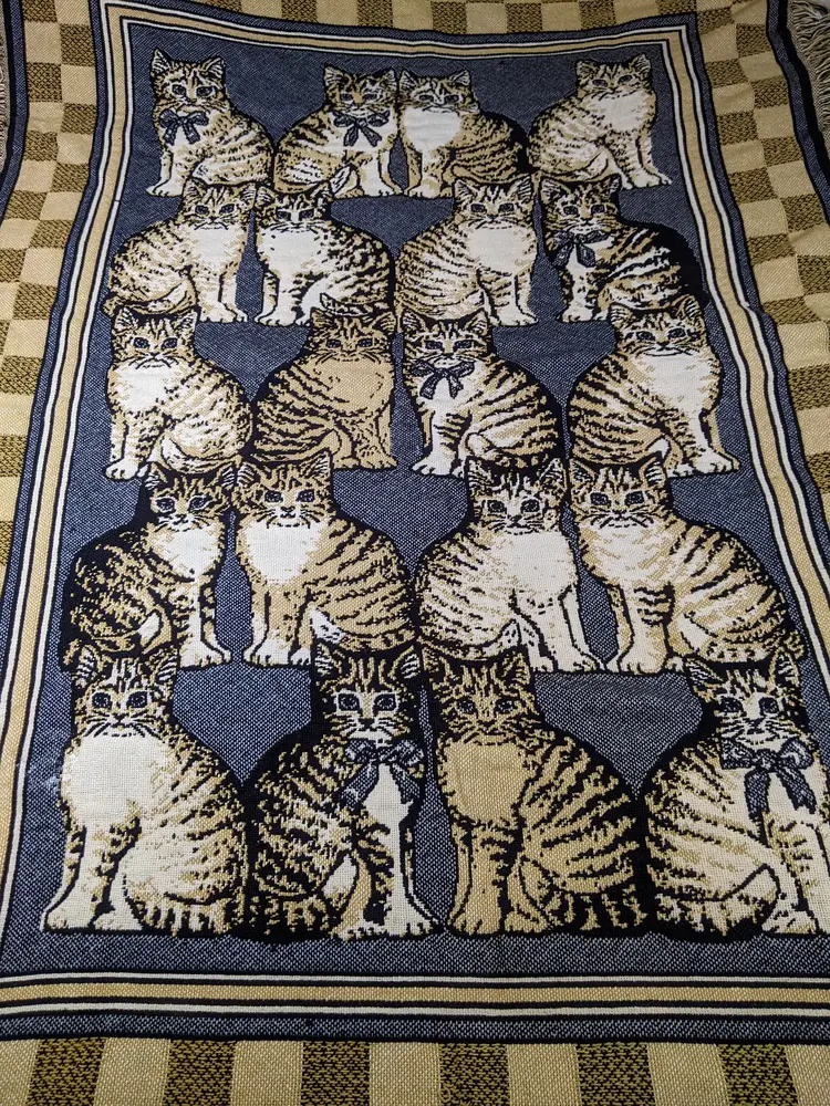 Weave Cat Tapestry Throw Blanket Fringe Tabby Tiger Kitty Thick Heavy 45in x66in  Vintage All Over Pattern Brown blue black sofa
