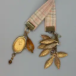Plaid Tan Beige Fabric Ribbon Bookmark with Repurposed Gold Watch and Leaf Charms 11"