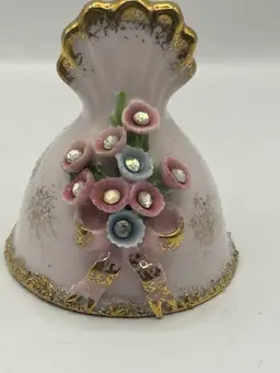 Vintage mini pink bell Lefton floral porcelain fancy miniature bell figurine 2.5 inch tall