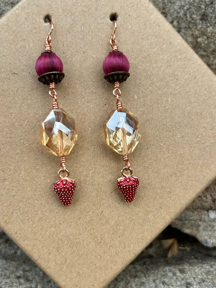 Handmade Crystal & Vintage Beaded Earrings With Strawberries By Me
