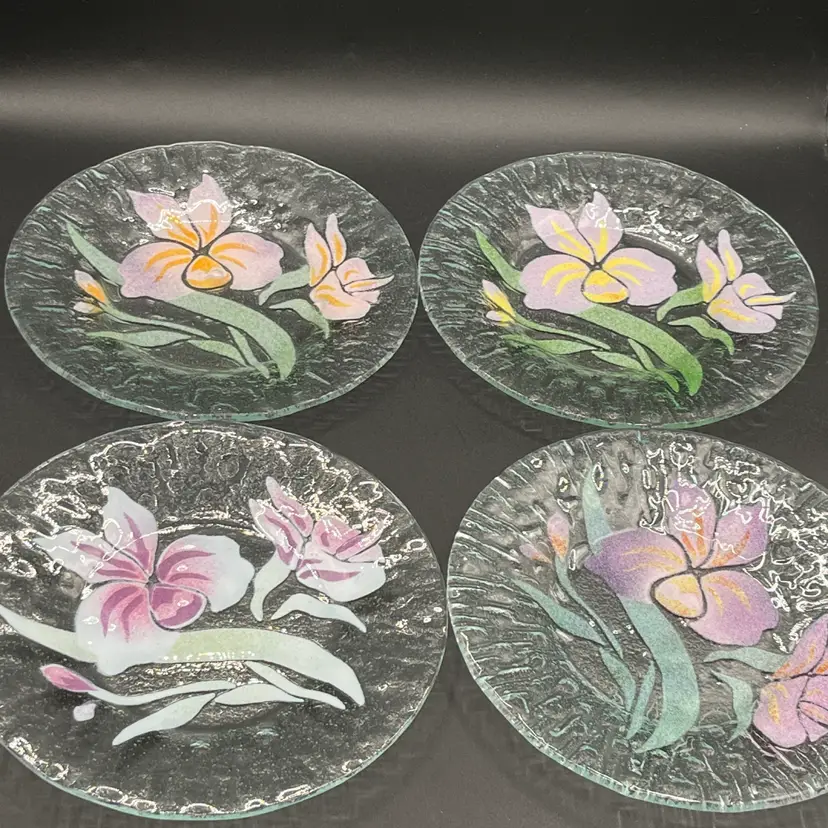 Set Of 4 Signed Sydenstricker Purple Floral Glass Plates Dinner 8.5”