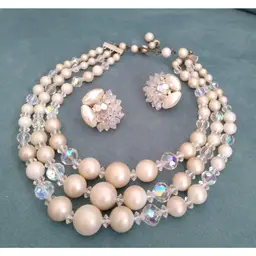 Vtg Laguna AB Crystal Bead Necklace w/ Earrings