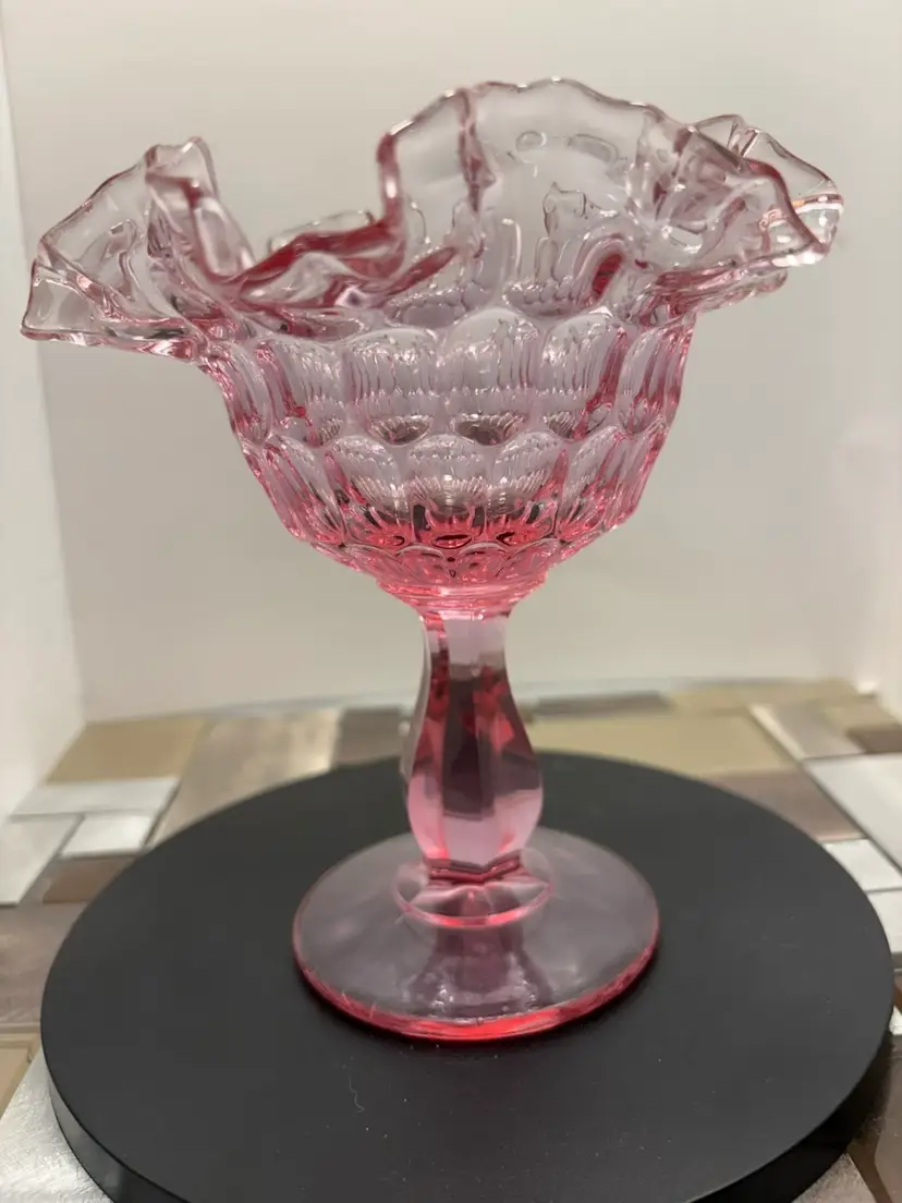 Vintage Fenton Cabbage Rose Color Thumbprint Ft Compote, c. 1964-1973