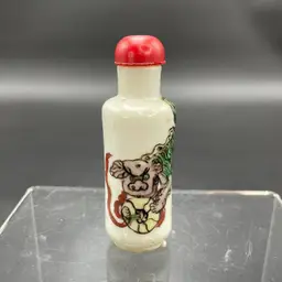 Chinese Foo Dog Snuff Bottle Stopper Bone Spoon Enamel on Porcelain Vintage