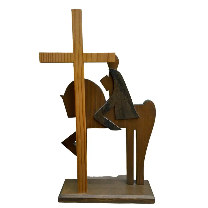 Hand Made Wood Carved Wiseman On Horse And Cross Nativity Christmas